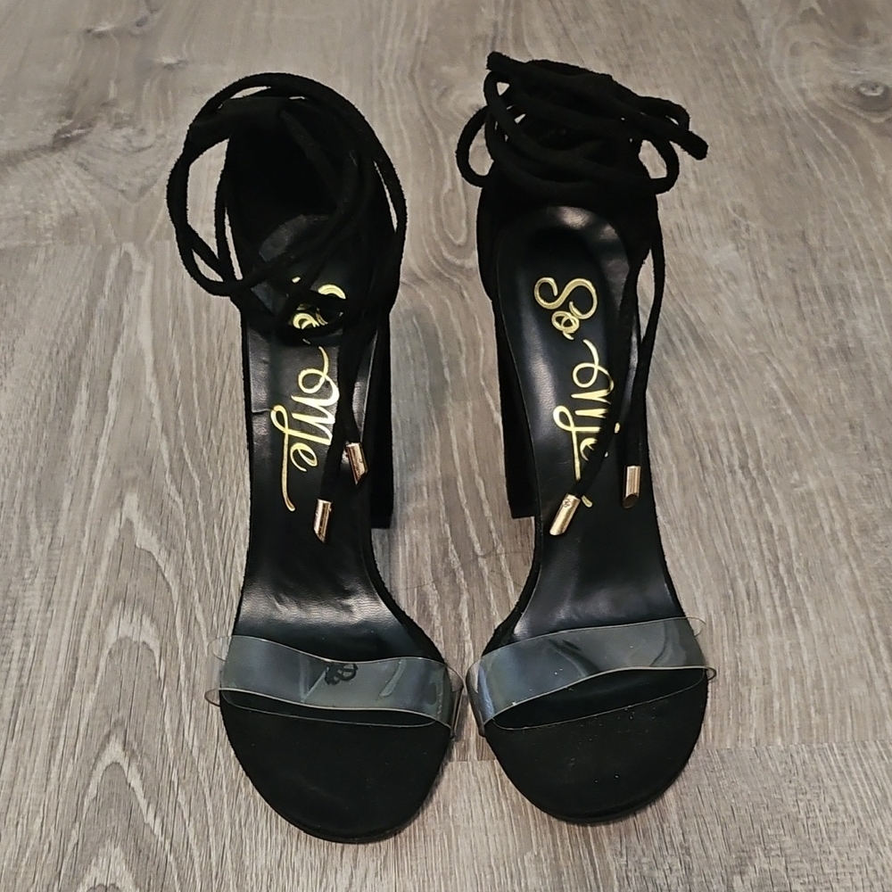 So Me Black Lace-Up High Heel Sandals with Clear Toe Strap